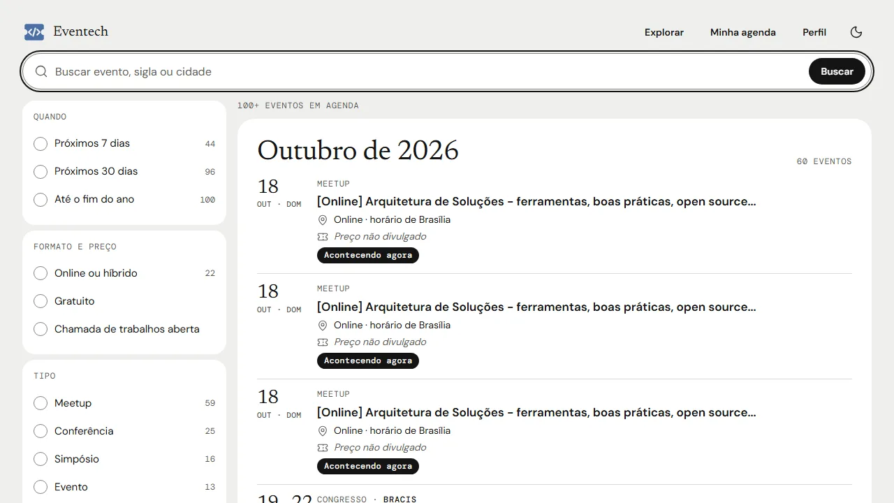 Eventech search with filters for period, format, price and event type.