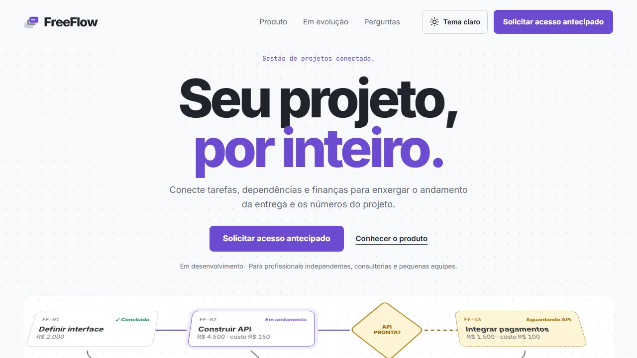 FreeFlow landing page showing a flow of tasks, dependencies and values.