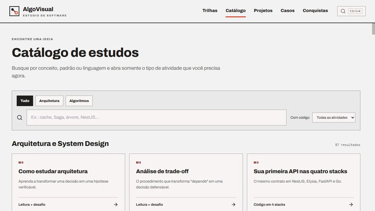 Catálogo do AlgoVisual com aulas de algoritmos e arquitetura.