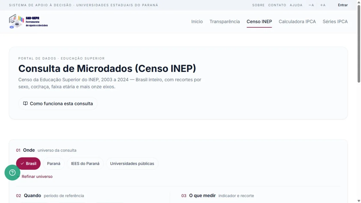 Consulta pública dos microdados do Censo INEP, com seleção de universo, período e indicadores.