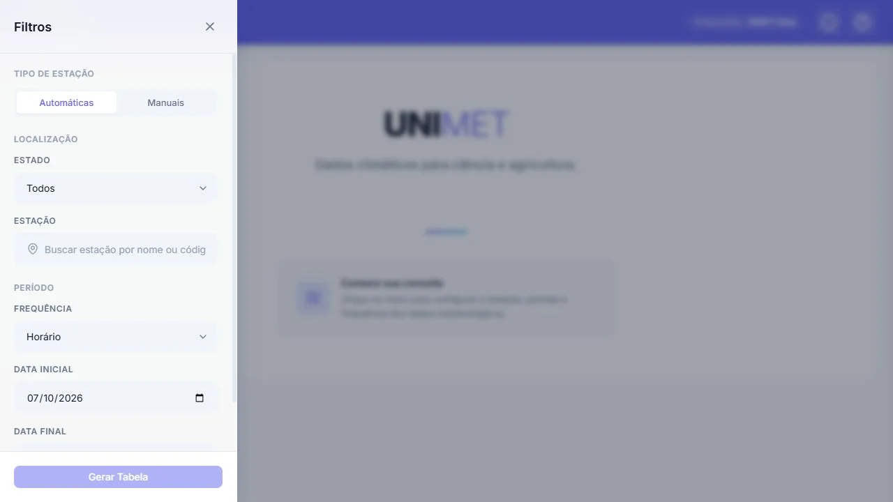 Filtros do UNIMET para escolher estação, período e frequência.
